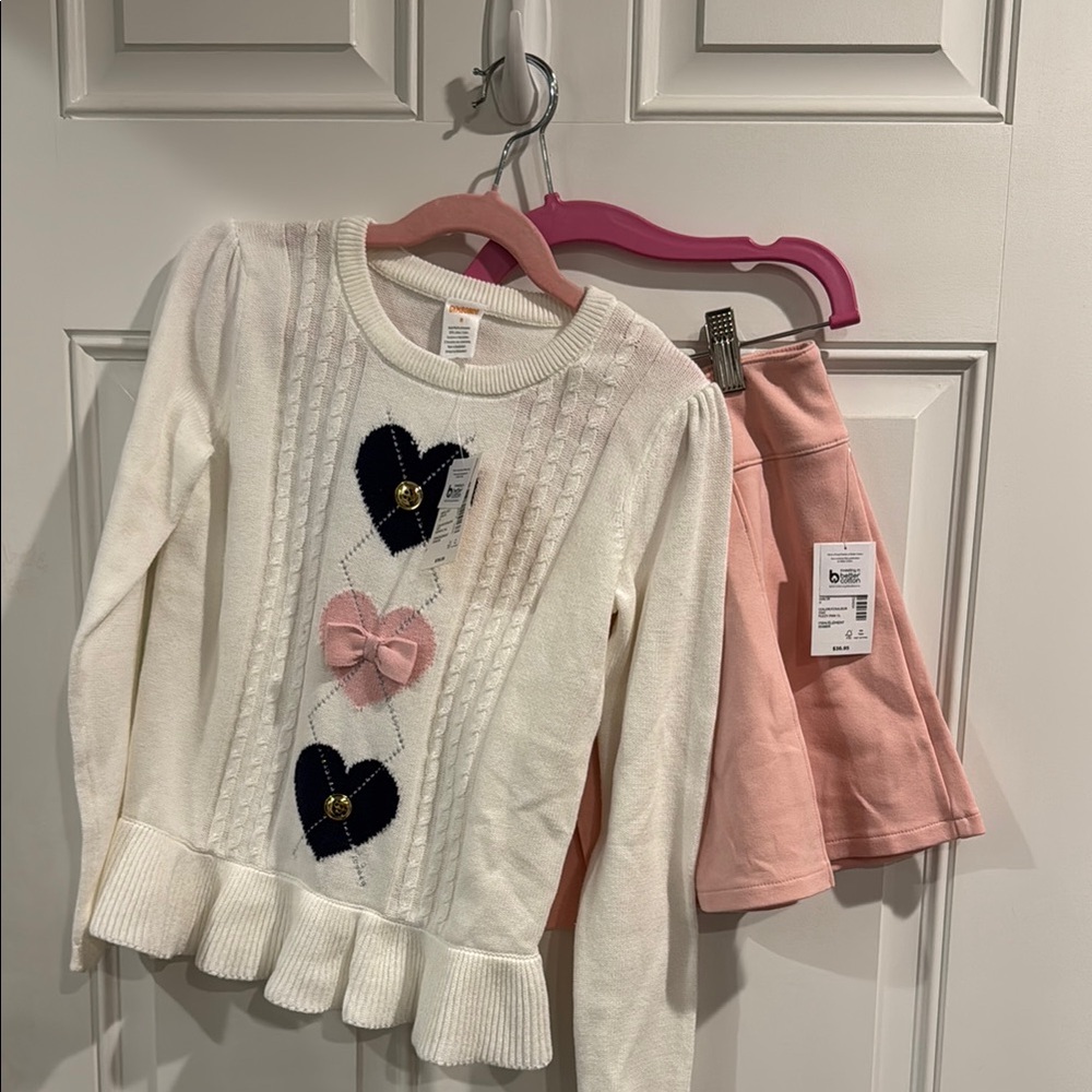 NWT Gymboree Kids White and Pink Heart Sweater and Skirt Set